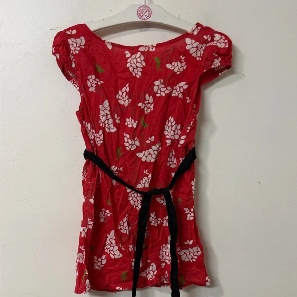 Ambiance Red Floral Short Sleeve Dress with Black Waist Tie - Picture 3 of 3
